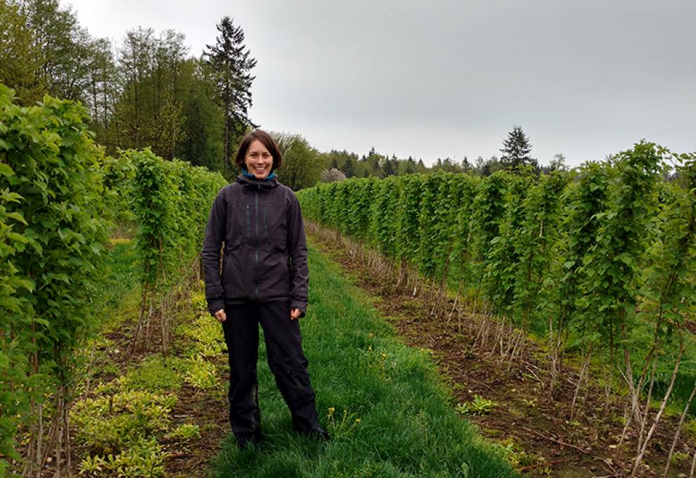 Carolyn Teasdale inspects raspberry canes in mid-April.