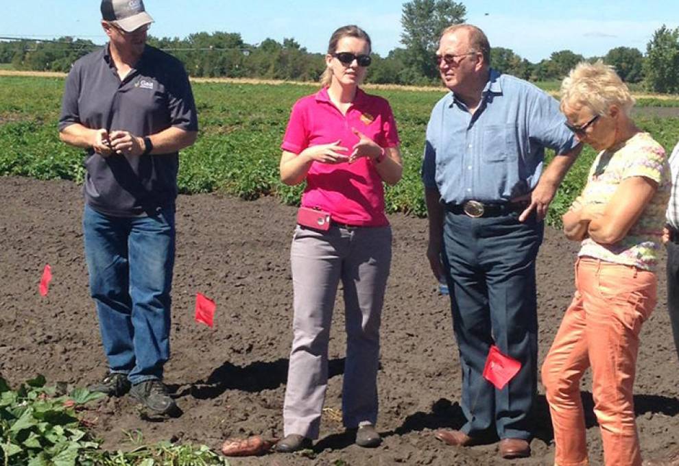 Peak of the Market’s Tracy Shinners-Carnelley, director of research and quality enhancement, (L) discusses sweet potato research with Manitoba’s minister of agriculture, Ralph Eichler and deputy minister, Dori Gingera Beauchemin. Photo by Debbie Jones.