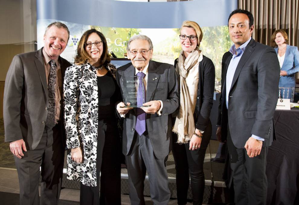 L-R: Matthias Oppenlaender, chair Grape Growers of Ontario, Michèle Bosc, Paul Bosc Sr., Amélie Boury and Miguel Fongalvo from Chateau des Charmes at an Award of Merit ceremony, April 2017. Photo courtesy Grape Growers of Ontario.