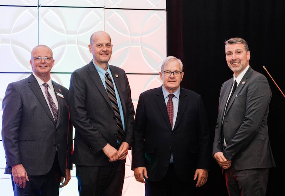 L-R: Jan VanderHout, president of FVGC, Colin Chapdelaine, CPMA chair, the Honourable Lawrence MacAulay, Minister of Agriculture and Agri-Food, and Ron Lemaire, CPMA president.